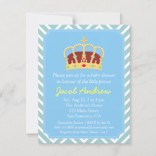 Convite Chuva de Bebê Príncipe Coroa Azul Branco Chevron