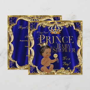 Convite Chuva de Bebe Príncipe Coroa Dourada Azul Real Étn