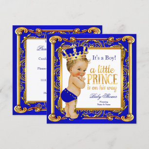 Convite Chuva de Bebê Príncipe Damasco Azul Dourado Menino