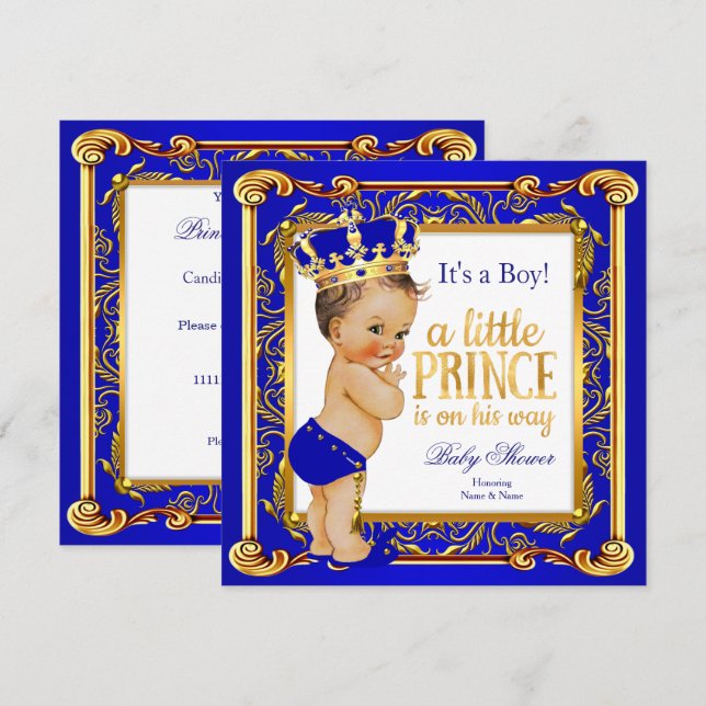 Convite Chuva de Bebê Príncipe Damasco Azul Dourado Morena (Frente/Verso)