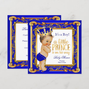 Convite Chuva de Bebê Príncipe Damasco Azul Dourado Morena