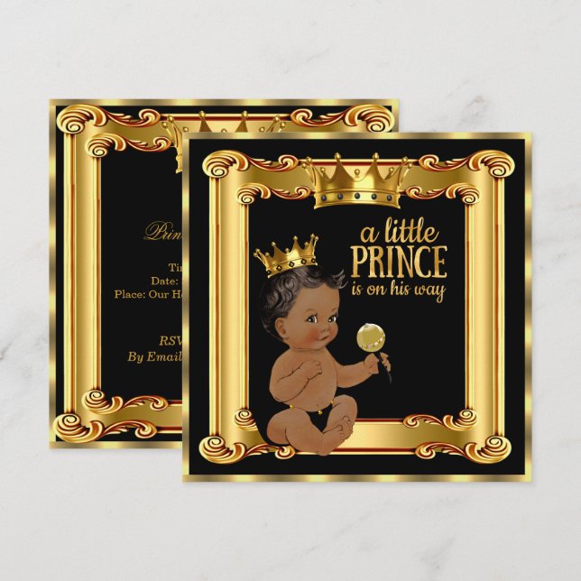 Convite Chuva de Bebê Príncipe Dourado Falso Folha Preto É (Frente/Verso)