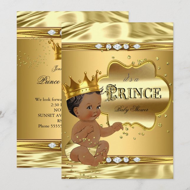 Convite Chuva de Bebê Príncipe Dourado Folheado a Ouro Men (Frente/Verso)