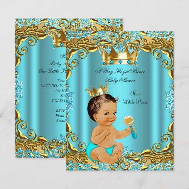 Convite Chuva de Bebê Príncipe Dourado Turquesa Água Moren (Frente/Verso)