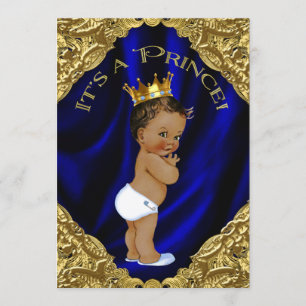 Convite Chuva de Bebê Príncipe Étnico Azul e Dourado