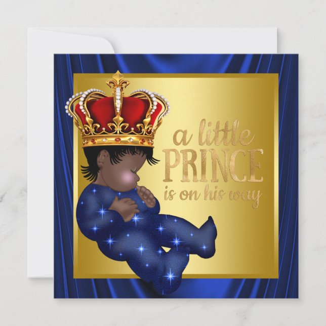 Convite Chuva de Bebê Príncipe Étnico Coroa Azul Real (Frente)