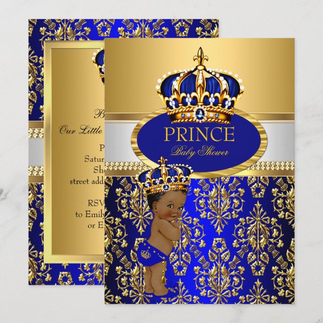 Convite Chuva de Bebe Príncipe Étnico Coroa Azul Real (Frente/Verso)