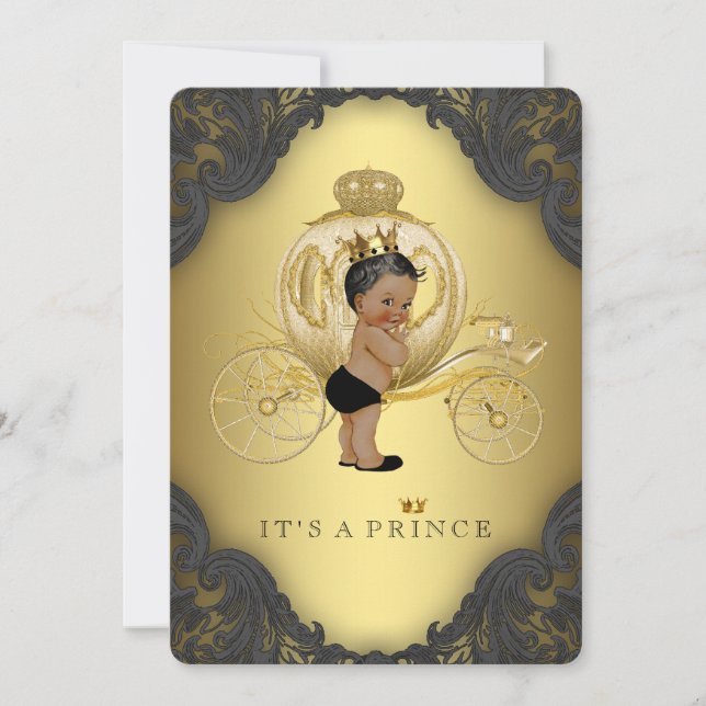 Convite Chuva de Bebê Príncipe Étnico Preto e Dourado (Frente)