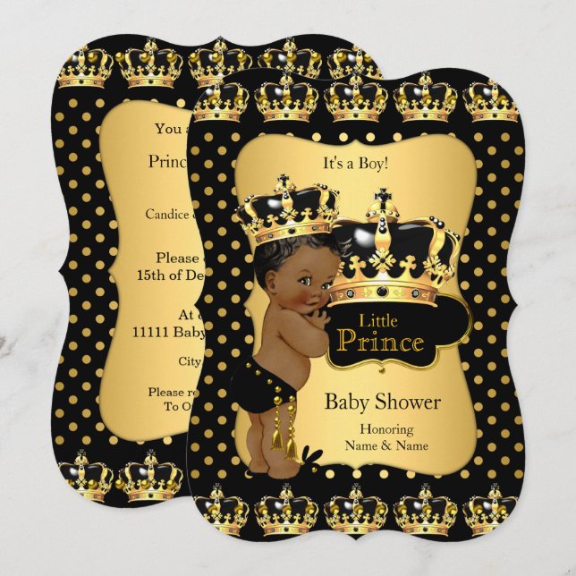 Convite Chuva de Bebê Príncipe Étnico Preto e Dourado com  (Frente/Verso)