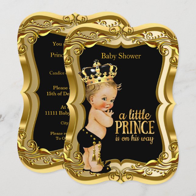 Convite Chuva de Bebe Príncipe Loirinho Preto Dourado (Frente/Verso)
