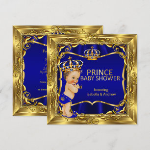 Convite Chuva de Bebê Príncipe Menino Azul Ornate Dourado