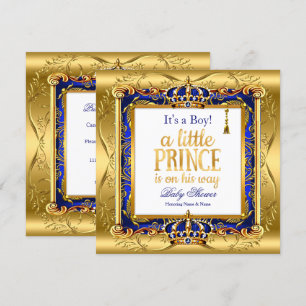 Convite Chuva de Bebê Príncipe Menino Azul Ornate Dourado