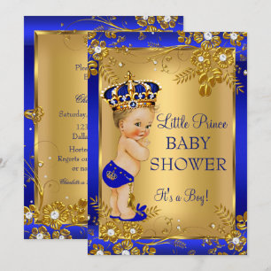 Convite Chuva de Bebê Príncipe Menino Dourado Azul Floral