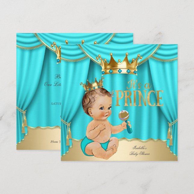 Convite Chuva de Bebê Príncipe Morena Coroa Azul Ouro Aqua (Frente/Verso)