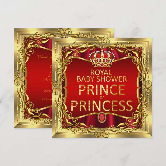 Convite Chuva de Bebê Príncipe ou Princesa Vermelho Dourad (Frente/Verso)