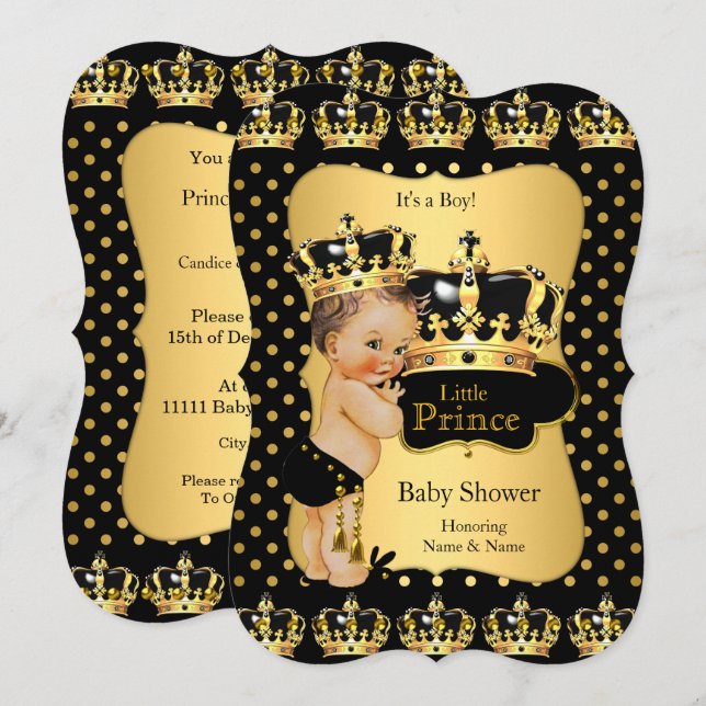 Convite Chuva de Bebê Príncipe Preto Dourado Bolinhas More (Frente/Verso)