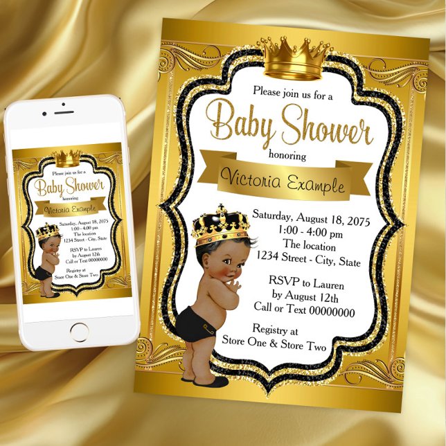 Convite Chuva de Bebê Príncipe Preto e Dourado Afro-Americ (Instant Download Black Gold Prince Baby Shower Invitation. Printed invitations available.)