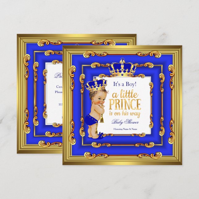 Convite Chuva de Bebê Príncipe Quadro Azul Royal Dourado M (Frente/Verso)