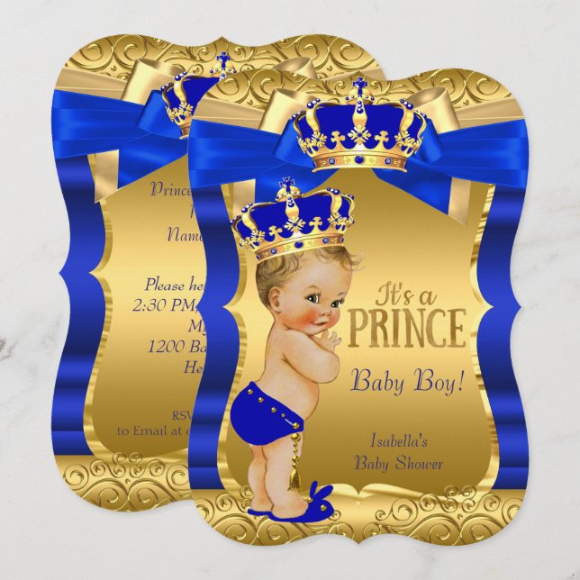 Convite Chuva de Bebê Príncipe Real Azul Dourado Arco Loir (Frente/Verso)