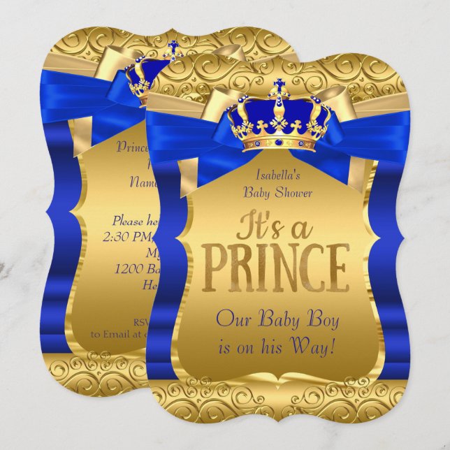 Convite Chuva de Bebê Príncipe Real Azul Dourado Arco Meni (Frente/Verso)
