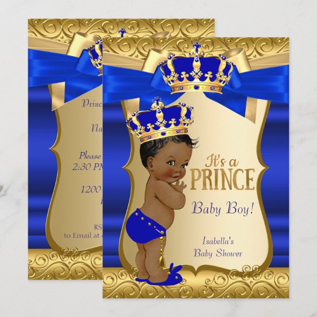 Convite Chuva de Bebe Príncipe Real Azul Dourado Damask Ét (Frente/Verso)