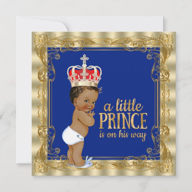 Convite Chuva de Bebê Príncipe Real Azul Étnico Dourado (Frente)