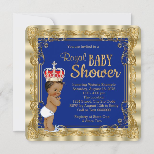 Convite Chuva de Bebê Príncipe Real Azul Étnico Dourado (Verso)