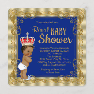 Convite Chuva de Bebê Príncipe Real Azul Étnico Dourado