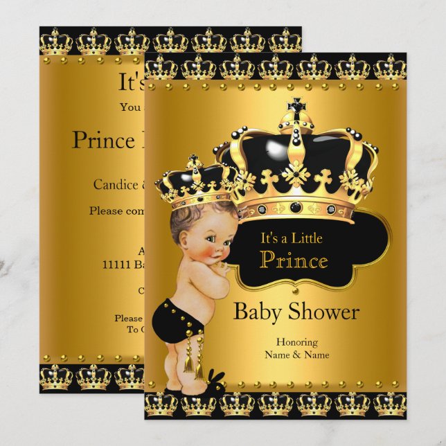 Convite Chuva de Bebe Príncipe Real Preto Dourado Morena (Frente/Verso)
