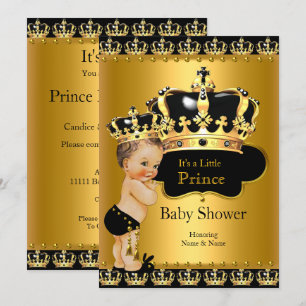 Convite Chuva de Bebe Príncipe Real Preto Dourado Morena