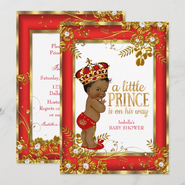 Convite Chuva de Bebê Príncipe Vermelho Dourado Branco Étn (Frente/Verso)