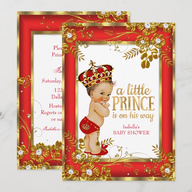 Convite Chuva de Bebê Príncipe Vermelho Dourado Branco Mor (Frente/Verso)