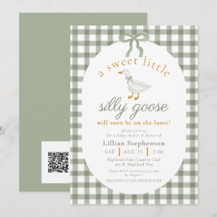 Convite Chuva de Bebê QR Code Silly Goose Green Gingham