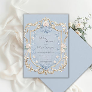 Convite Chuva de Bebê Quadro Dourado Floral Azul Elegante