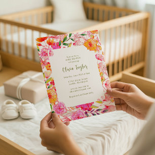 Convite Chuva de Bebê Quadro Floral Laranja Rosa Colorido