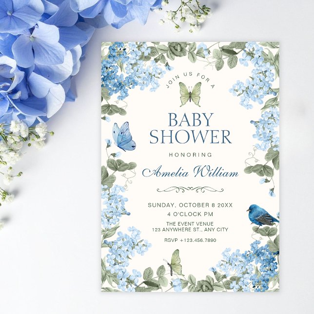 Convite Chuva de bebê ramagem floral azul borboletas pássa (Criador carregado)