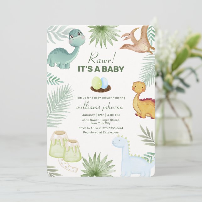 Convite Chuva de Bebê Rawr Vulcão Tropical Dinosaur  (Em pé/Frente)