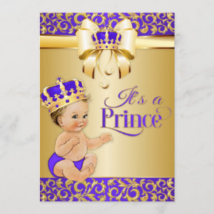 Convite Chuva de Bebê Real Roxo e Dourado Coroa de Príncip