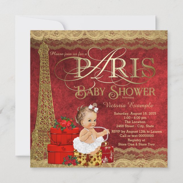 Convite Chuva de Bebê Red Gold Paris (Frente)