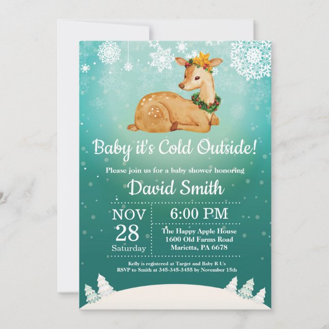 Convite Chuva de Bebê Rena de Inverno Frio Lá Fora (Frente)