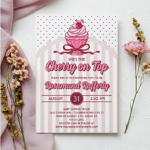Convite Chuva de Bebê Retro Coquette Cereja no Topo Menina