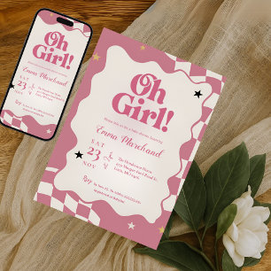 Convite Chuva de Bebê Retro Groovy Rosa Xadrez Oh Girl