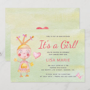 Convite Chuva de bebê robô fofo em aquarela rosa é uma men