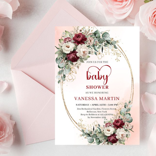 Convite Chuva de Bebê Romântica Boho Borgonha Eucalipto Do (Romantic Burgundy Eucalyptus Gold Baby Shower Invite)