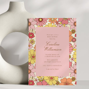 Convite Chuva de Bebê Rosa Amarelo Floral Groovy Moderno