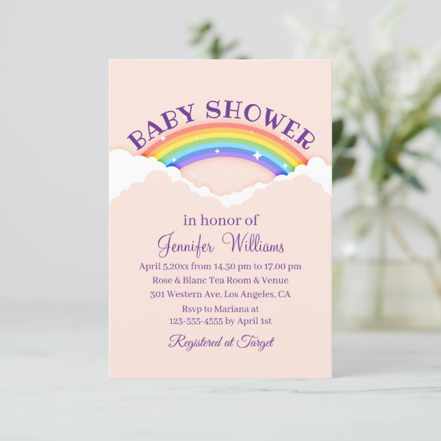 Convite chuva de bebê rosa arco-íris e nuvens estilosos fo (Em pé/Frente)