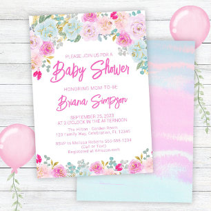 Convite Chuva de Bebê Rosa Azul Pêssego Roxo