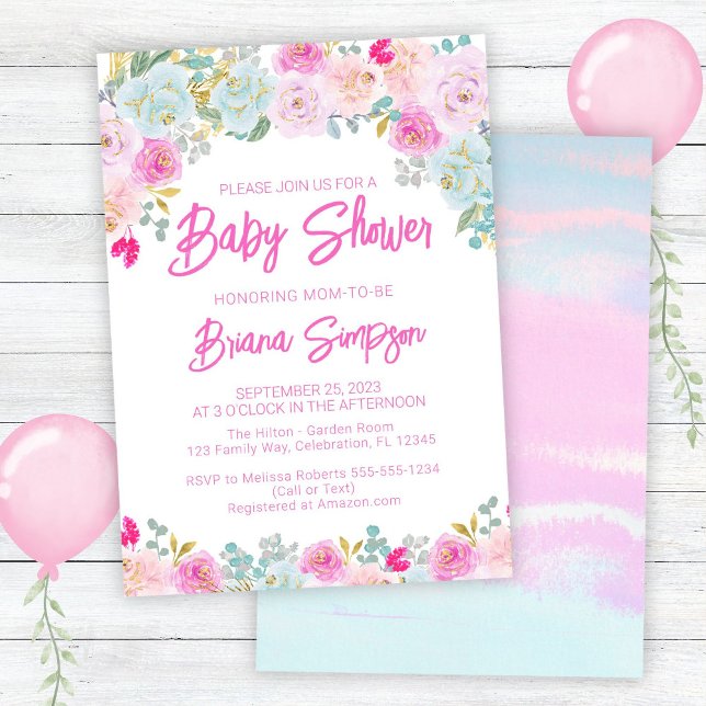 Convite Chuva de Bebê Rosa Azul Pêssego Roxo (Criador carregado)