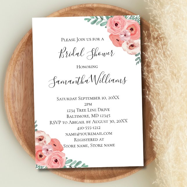 Convite Chuva de Bebê Rosa Branca com Flora e Folhagens (Pink Floral Watercolor Bridal Shower Invitation)