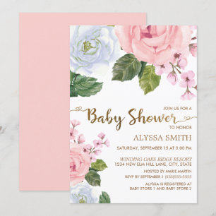 Convite Chuva de Bebê Rosa Branco Flores Rosas Elegante Ro